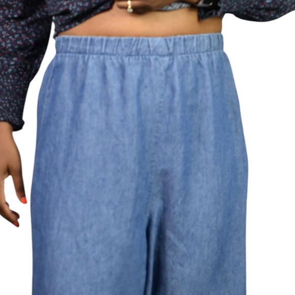 Show Me Your Mumu Explorer Pants Blue Chambray Wide Leg High Waist Pull On Small - Picture 4 of 16